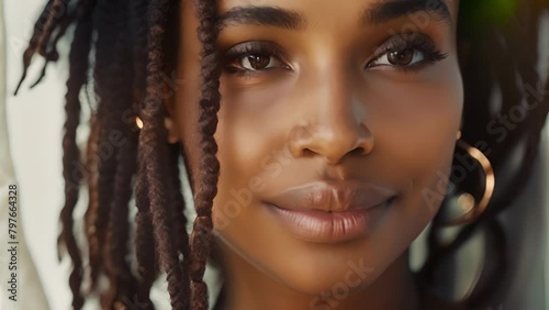 A closeup of a black womans perfectly sculpted locs and glowing skin showcases the beauty and dedication of maintaining a groomed appearance a form of selfcare and selfexpression for . photo