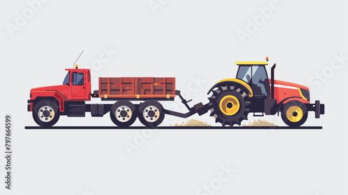 A pickup truck tows a tractor on a trailer isolated.