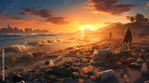 Crowded beach scene with excessive litter and pollution, illustrating the environmental stress during a heatwave, with a sunset backdrop