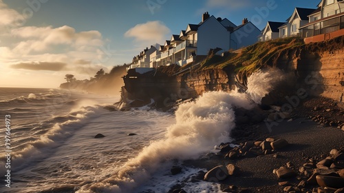 Coastal erosion image capturing high tide waves hitting against rapidly eroding cliffs, with houses on the brink of collapse at the edge photo