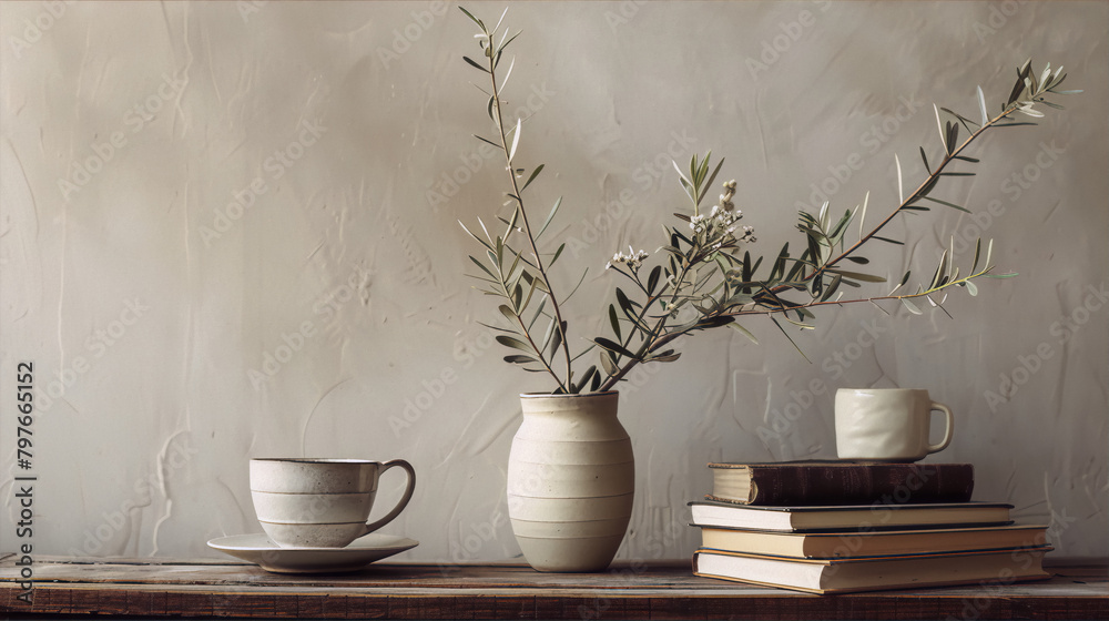 Still life with olive branches in vase and books on wooden table, neutral colors convey simplicity and tranquility, art photography, interior, wabi sabi