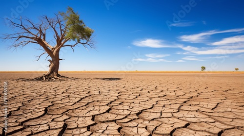 Severe drought conditions showing cracked earth in a barren field, with a desolate tree and a clear blue sky emphasizing the environmental impact