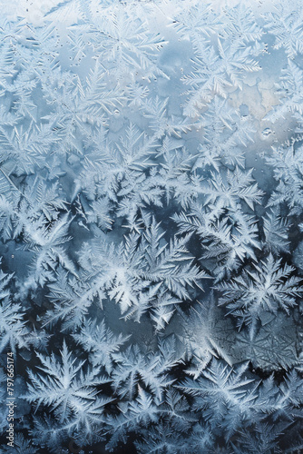 The textured surface of a frost-covered windowpane features intricate frost patterns and icy formations. Frosty window textures offer a chilly and wintery backdrop