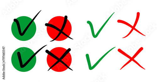 Set of Yes and No or Right and Wrong or Cross Mark and check mark symbol hand writing round button photo