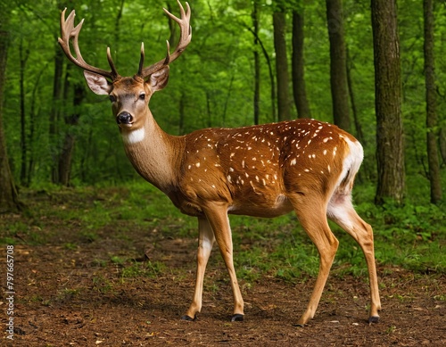 A deer with antlers is standing in a grassy field