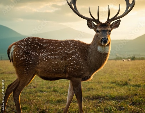 A deer with antlers is standing in a grassy field © zettar
