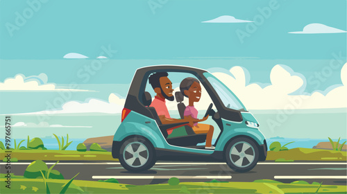 African family driving in modern electric car on week