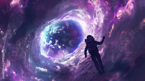 An astronaut is floating in space with a colorful planet in the background.