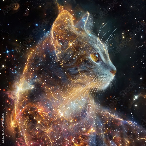 A beautiful space cat with stars and galaxies inside its fur.