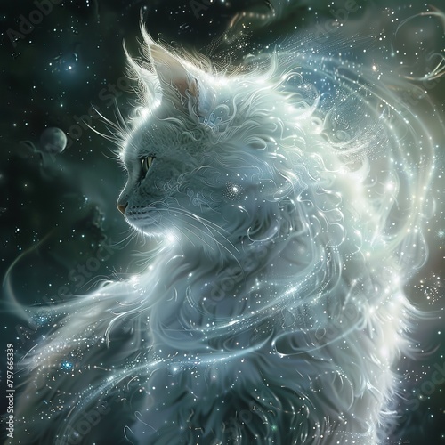 A beautiful ethereal white cat with glowing green eyes and a flowing, star-filled mane. photo