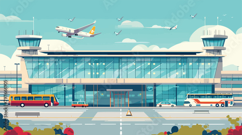 Airport building exterior with buses and airplanes. Vector