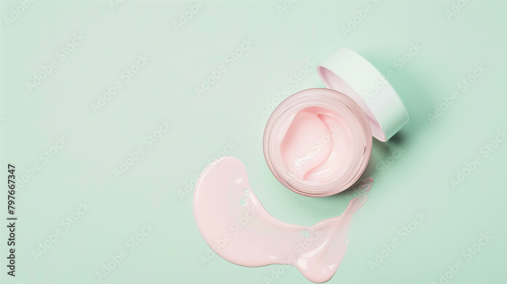 Pink cream in a transparent jar on a green background
Pink cream in a transparent jar on a green background