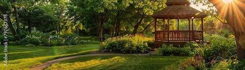 Afternoon sun on lush garden gazebo in background