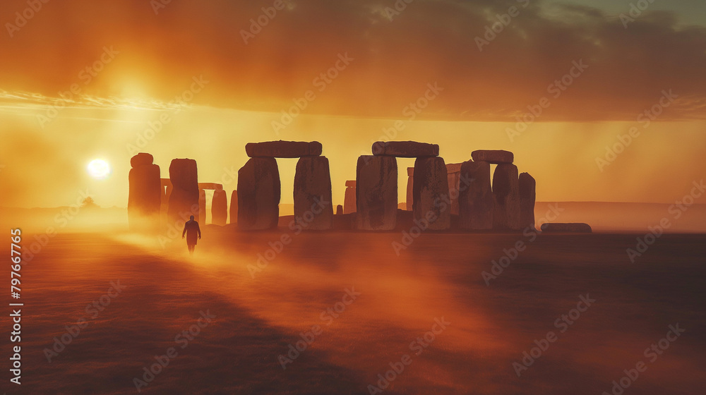 A lone figure stands in the middle of a desert plain at sunset. Large stone monoliths are in the background.