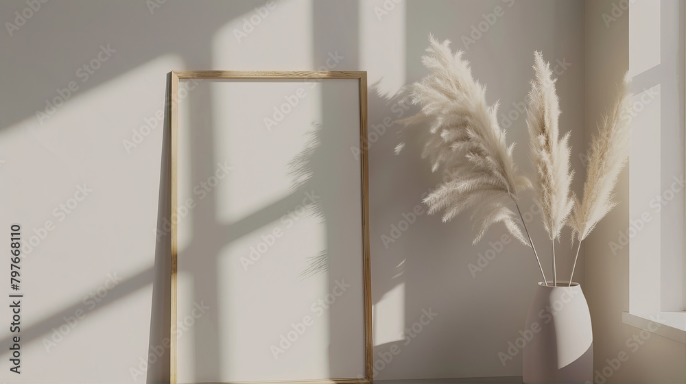 An empty wooden frame stands on the table next to a vase with dry grass.
