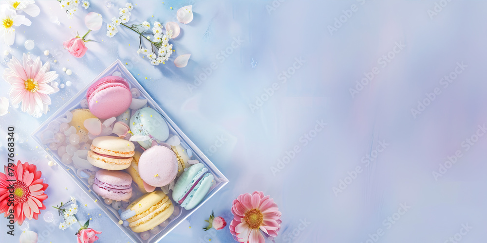 Macarons and flowers on a blue background
