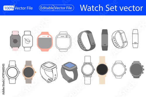 Smart Watch wrist vector outline set icon. Isolated outline set icon wristwatch. Vector illustration clock on white background. Apple watch wireframe icons isolated on white background. Outline Apple 
