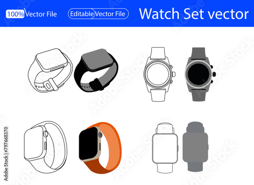 Set Smart Watch Outline Icon, Illustration on Isolated White Background Suitable for Fashion, Person's hand indicates a wrist watch. One line art. Smart watch on wrist. Hand drawn vector,