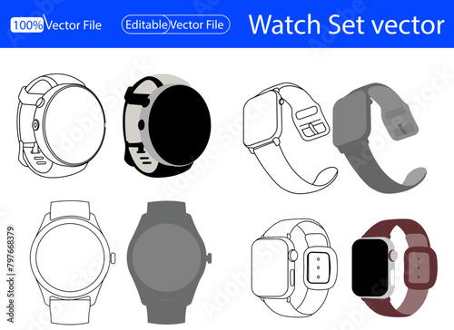  Person's hand indicates a wrist watch. One line art. Smart watch on wrist. Hand drawn vector. Set Smart Watch Outline Icon, Illustration on Isolated White Background Suitable for Fashion,
