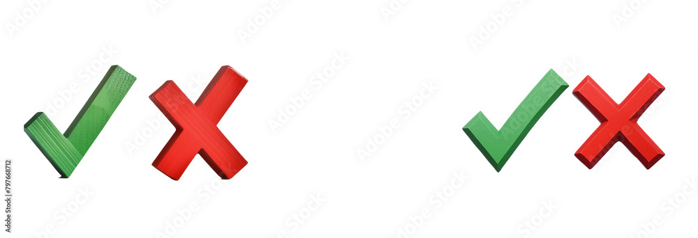 Green check mark, red cross mark icon set. Isolated tick symbols, checklist signs, approval Green check mark, red cross mark icon set. Isolated tick symbols, checklist signs, approval