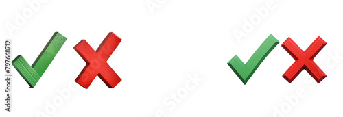 Green check mark, red cross mark icon set. Isolated tick symbols, checklist signs, approval © Priyanka