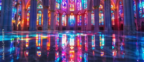 Intricate stained glass window vibrant neon glow