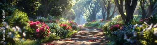 Lush garden path morning light