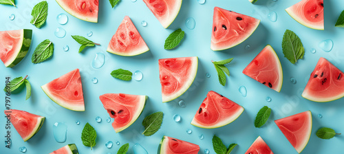 Watermelon bliss! Luscious pink slices drizzled with mint on a calming blue canvas. A burst of summer flavor for any occasion. Summer vibes for hot days.  Perfect for picnics and poolside parties photo