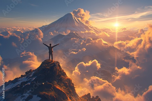 A man standing on top of the mountain with his arms raised in victory, overlooking snowcapped mountains and sunrise, feeling like he has won everything.  photo