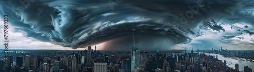 Massive vortex above city skyline ominous clouds