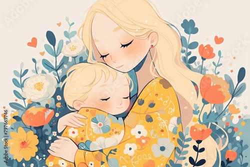 A mother and child hugging  surrounded by flowers in the style of soft watercolor illustrations  with pastel tones