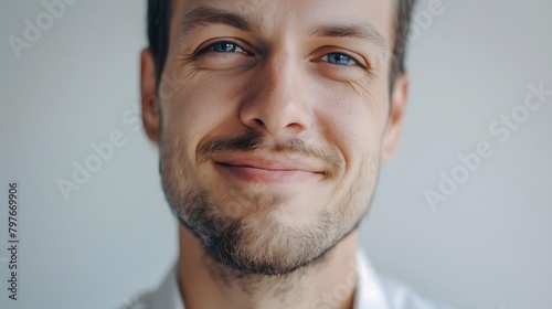 A close-up portrait of a business man with a confident smile, his eyes reflecting ambition, set against a clean, white background.