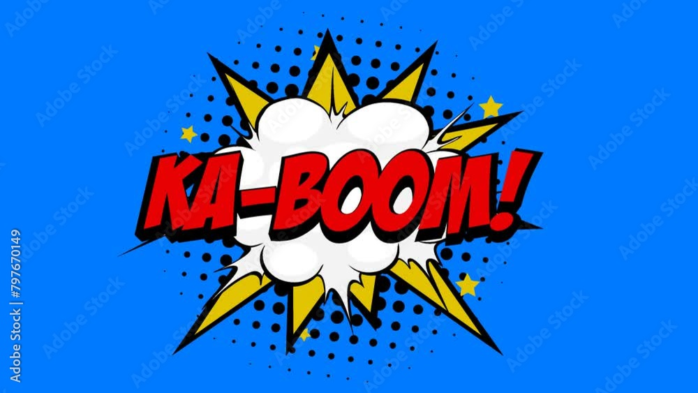 KA-BOOM! Word in Red-colored Text in Cartoon Comic Bubbles with Explosive Patterns on a Vibrant Blue Background, Seamlessly Looping Animation in 4K resolution.