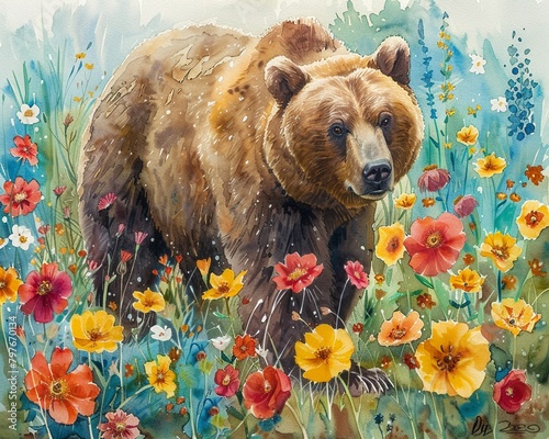 Enchanting bright watercolor painting of a cute grizzly bear exploring a vibrant array of spring flowers, radiating joy 