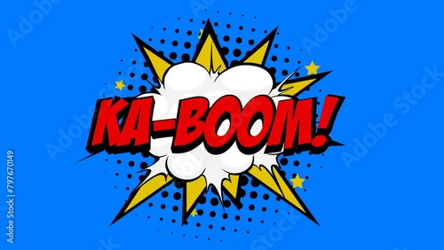 KA-BOOM! Word in Red-colored Text in Cartoon Comic Bubbles with Explosive Patterns on a Vibrant Blue Background, Seamlessly Looping Animation in 4K resolution.