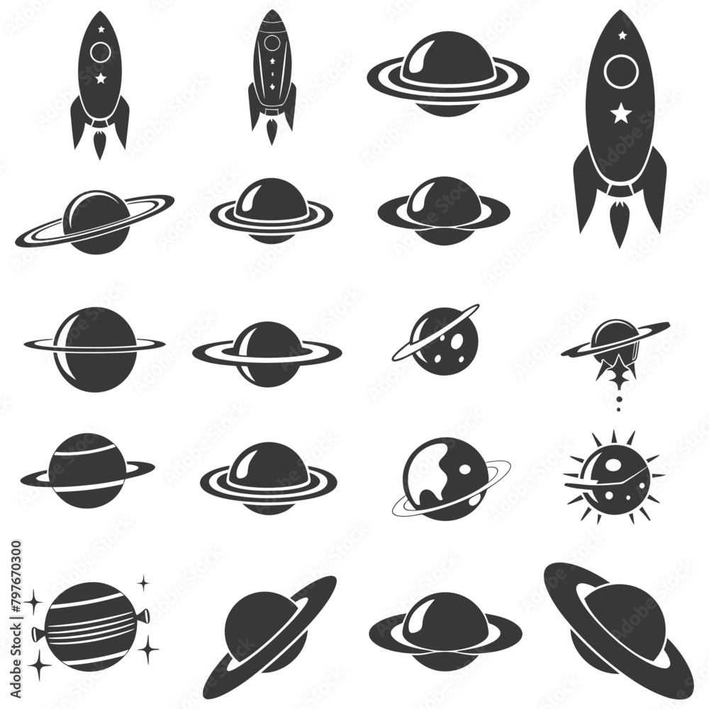 Silhouette Retro space icons set black color only