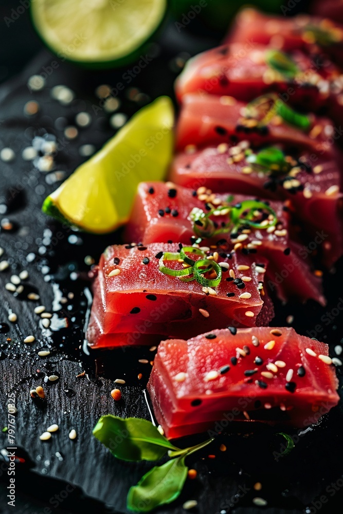 Tuna sashimi slices on black sprinkled with sesame