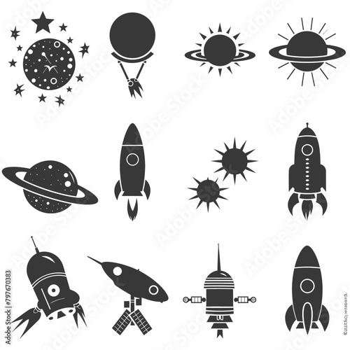 Silhouette Retro space icons set black color only