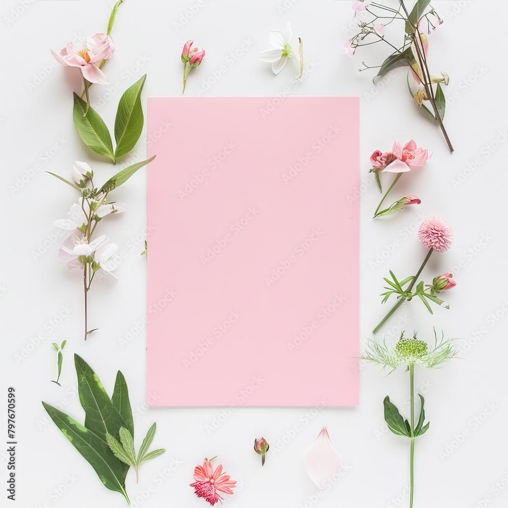 Pink sheet of paper on a white table with flowers around
