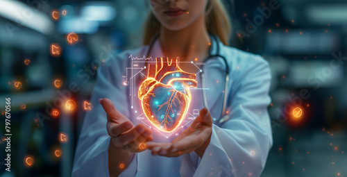 digital of a Heart. Cardiologist on blurred background using digital x-ray of human heart holographic scan projection 3D rendering