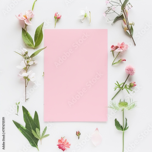 Pink sheet of paper on a white table with flowers around 