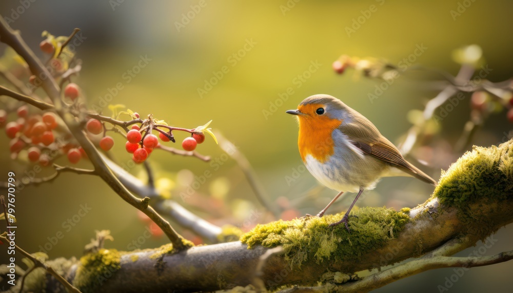 Small Robin Bird Perched on Branch With Berries Small Robin Bird Perched on Branch With Berries