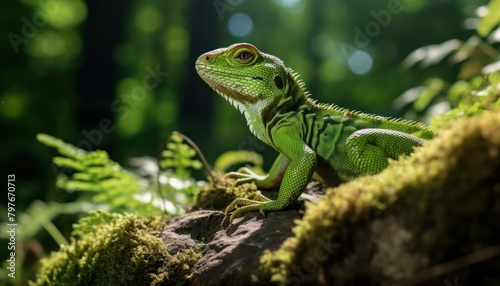 Green Lizard Sitting on Tree Branch