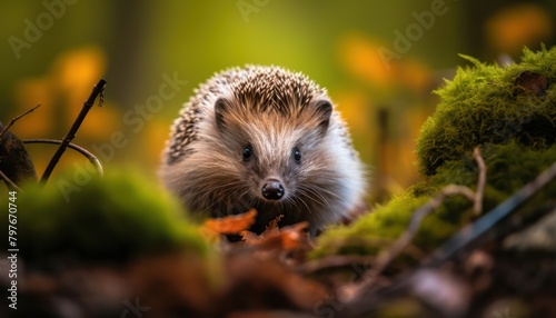 European Hedgehog Walking Through Mossy Ground photo