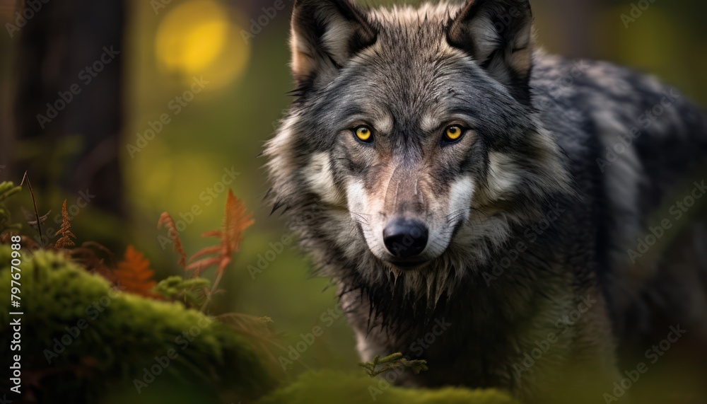 Fototapeta premium Grey Wolf Walking Through Woods