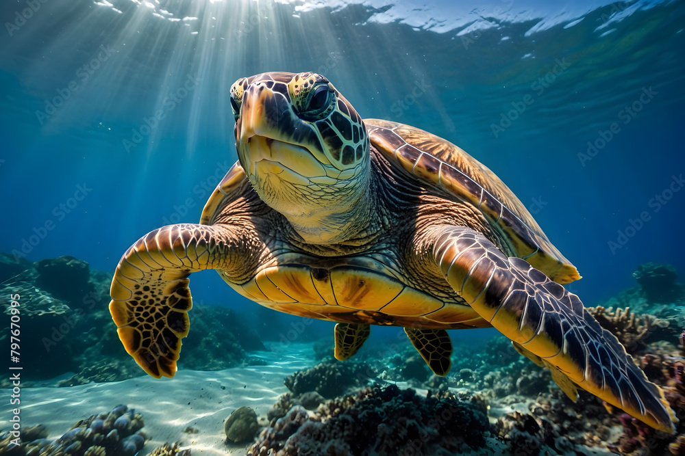 Fototapeta premium A close up of a sea turtle swimming under sea