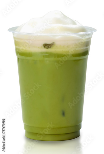 Mockup drink cup. Iced matcha green tea latte with iced cubes in transparent take away plastic cup togo isolated on white background. Iced green tea drink.	