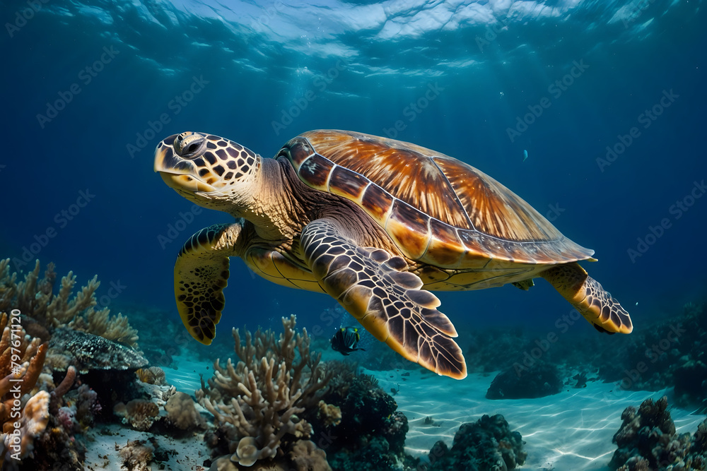 Obraz premium A close up of a sea turtle swimming under sea
