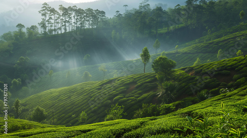 a lush green landscape with rolling hills and mountains in the distance. There are tea plantations on the hills