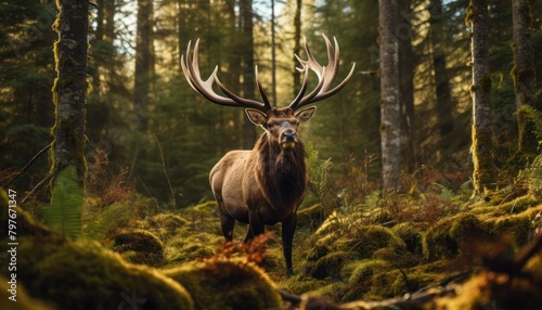 North American Large Elk Standing in Forest